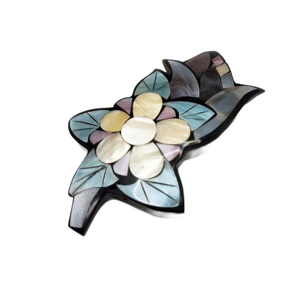 Vintage Lee Sands Mother of Pearl Inlay Flower Brooch, 4" Wide - Picture 2 of 10
